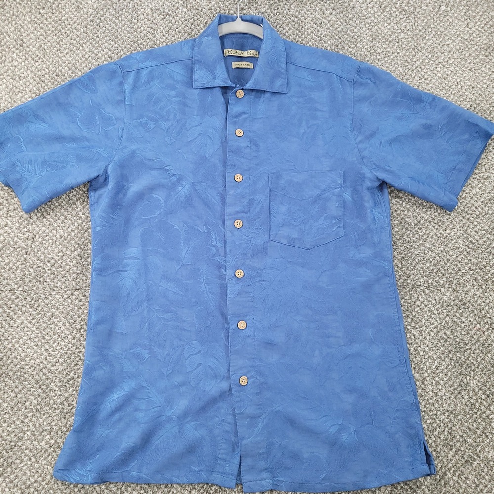 Batik Bay Mens Small Blue Tropical Leaf Jacquard Camp Shirt‎ Short Sleeve Button